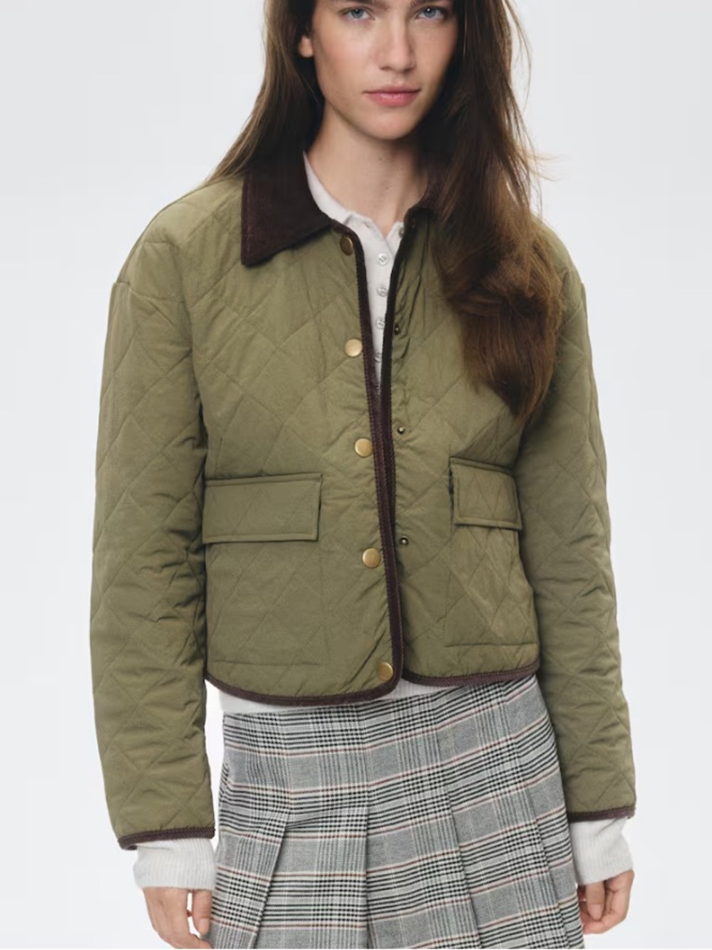 H&M Olive Green Quilted Jacket with Brown Trim